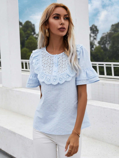 fermon - Lace hollow round neck ruffled short-sleeved shirt top