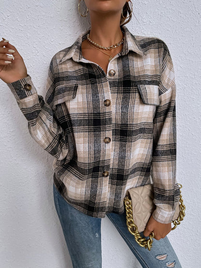 fermon - Ladies New Lapel Casual Long Sleeve Plaid Shirt
