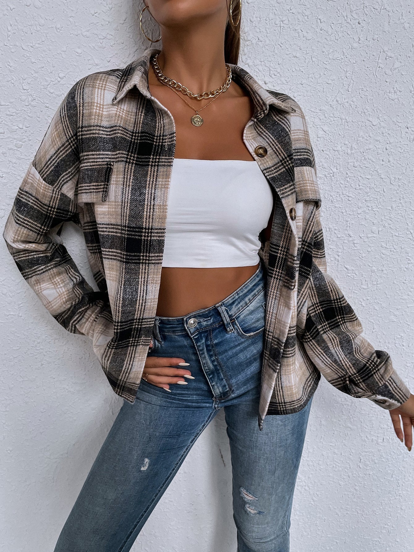 fermon - Ladies New Lapel Casual Long Sleeve Plaid Shirt