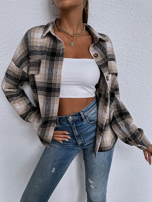 fermon - Ladies New Lapel Casual Long Sleeve Plaid Shirt