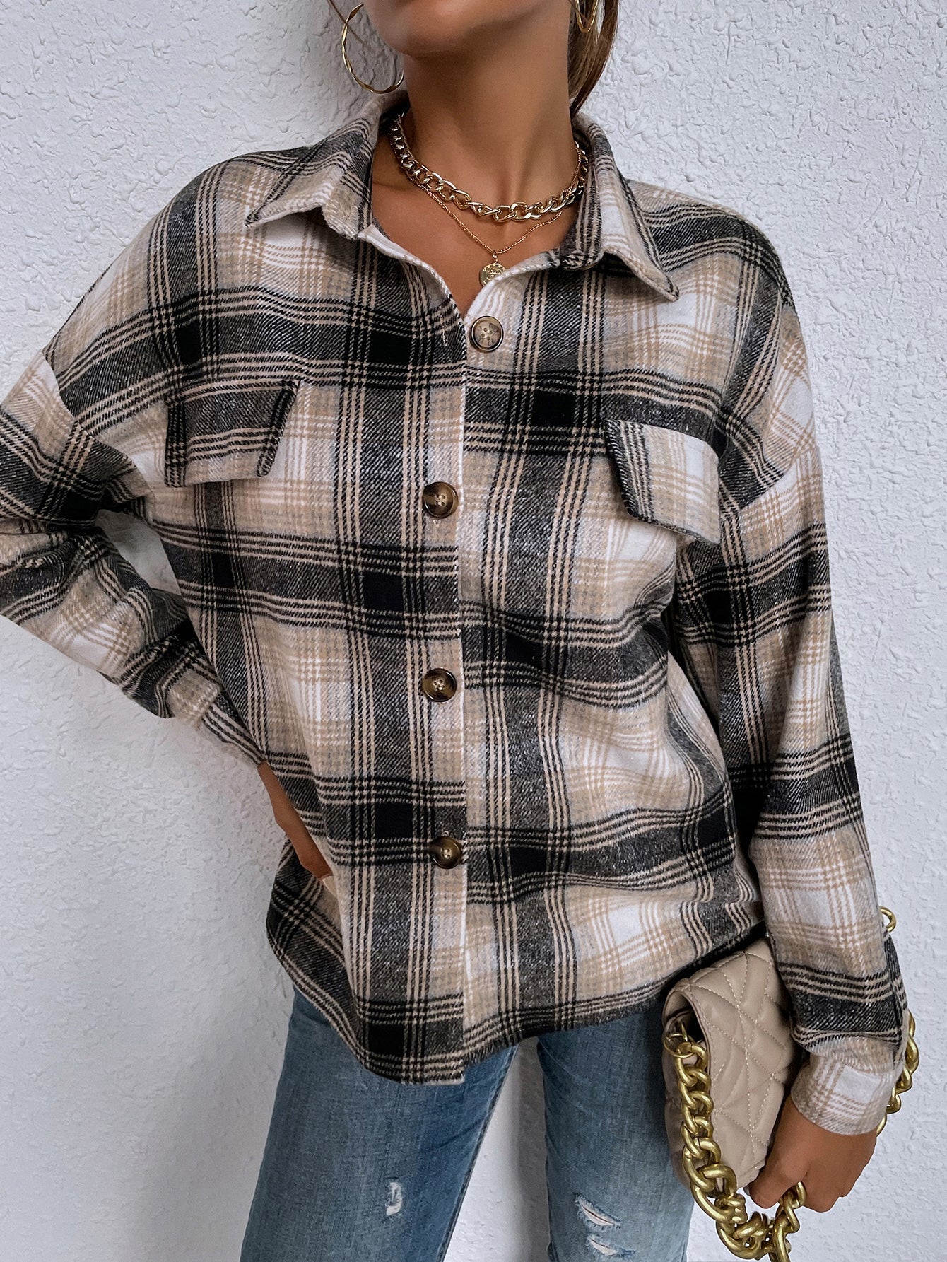 fermon - Ladies New Lapel Casual Long Sleeve Plaid Shirt