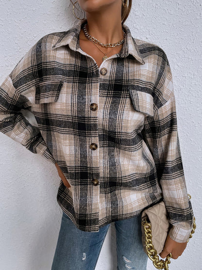 fermon - Ladies New Lapel Casual Long Sleeve Plaid Shirt