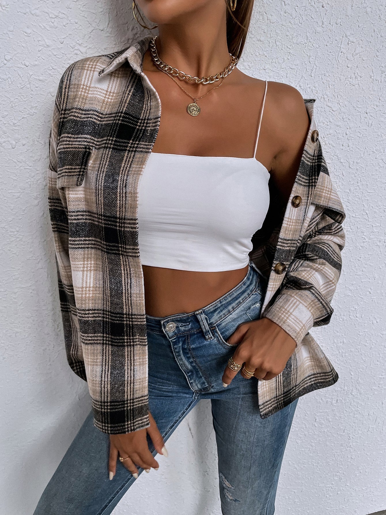 fermon - Ladies New Lapel Casual Long Sleeve Plaid Shirt