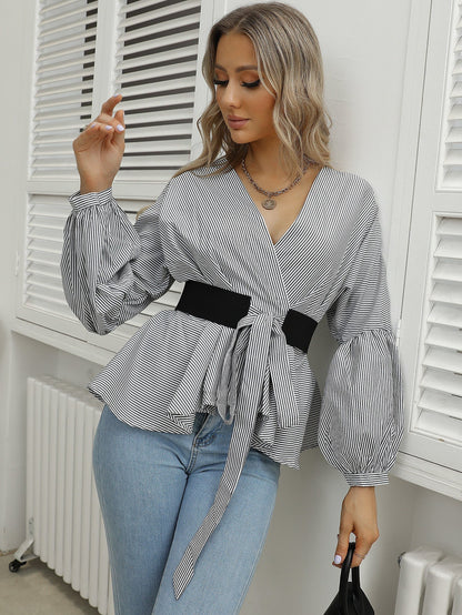 fermon - Lantern Sleeve Stripe V-neck Blouse