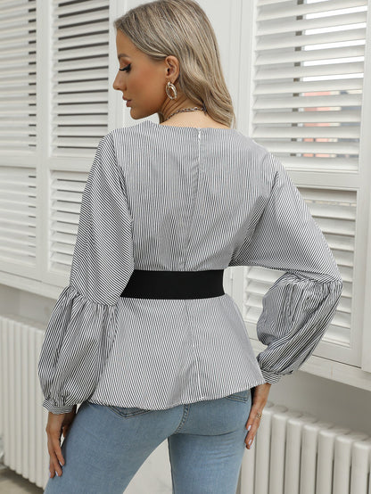 fermon - Lantern Sleeve Stripe V-neck Blouse
