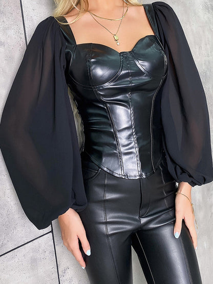 fermon - Lantern Sleeve Sweetheart Neck Zip Back PU Leather Top