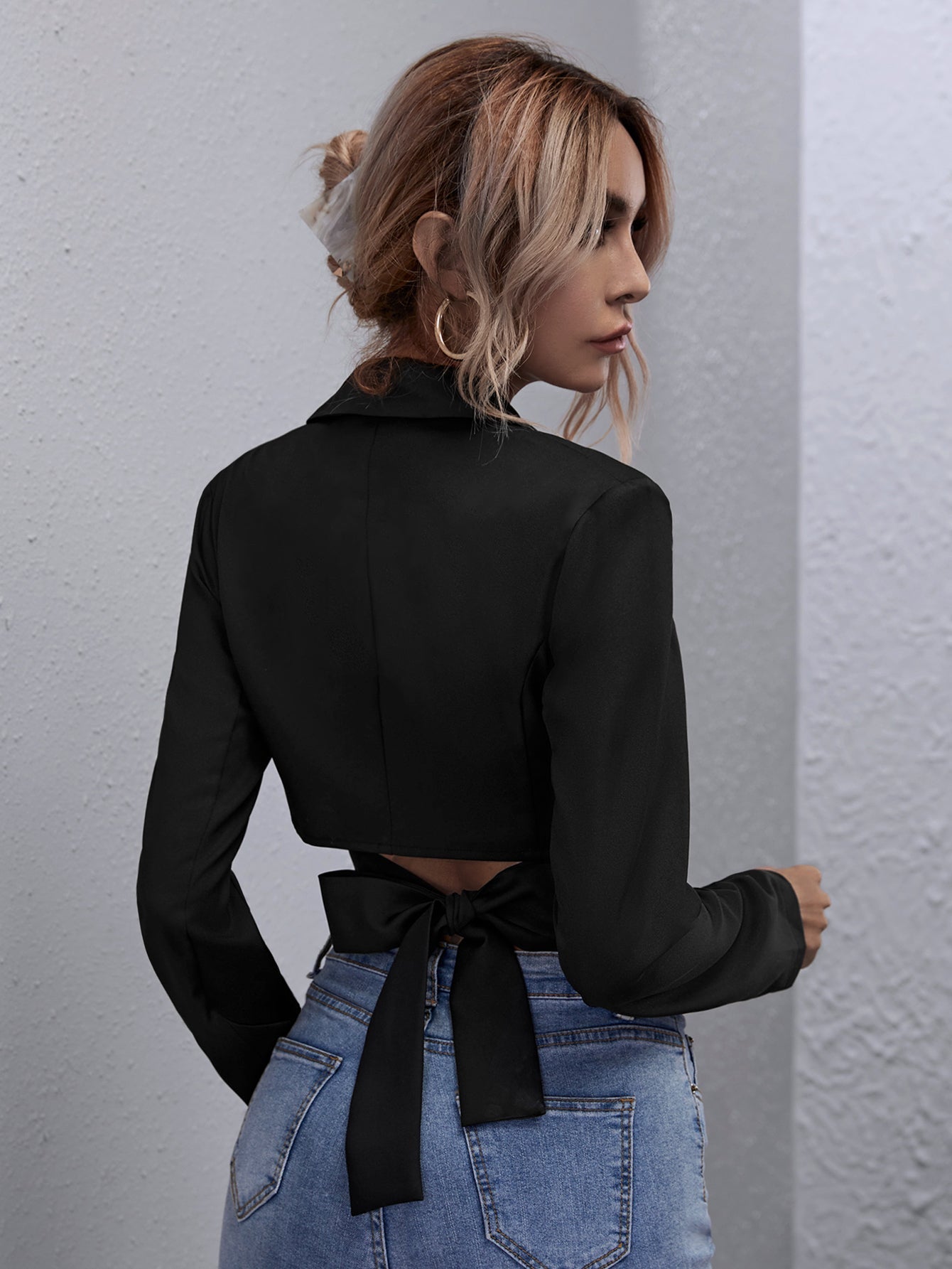 fermon - Lapel Neck Tie Back Crop Blouse