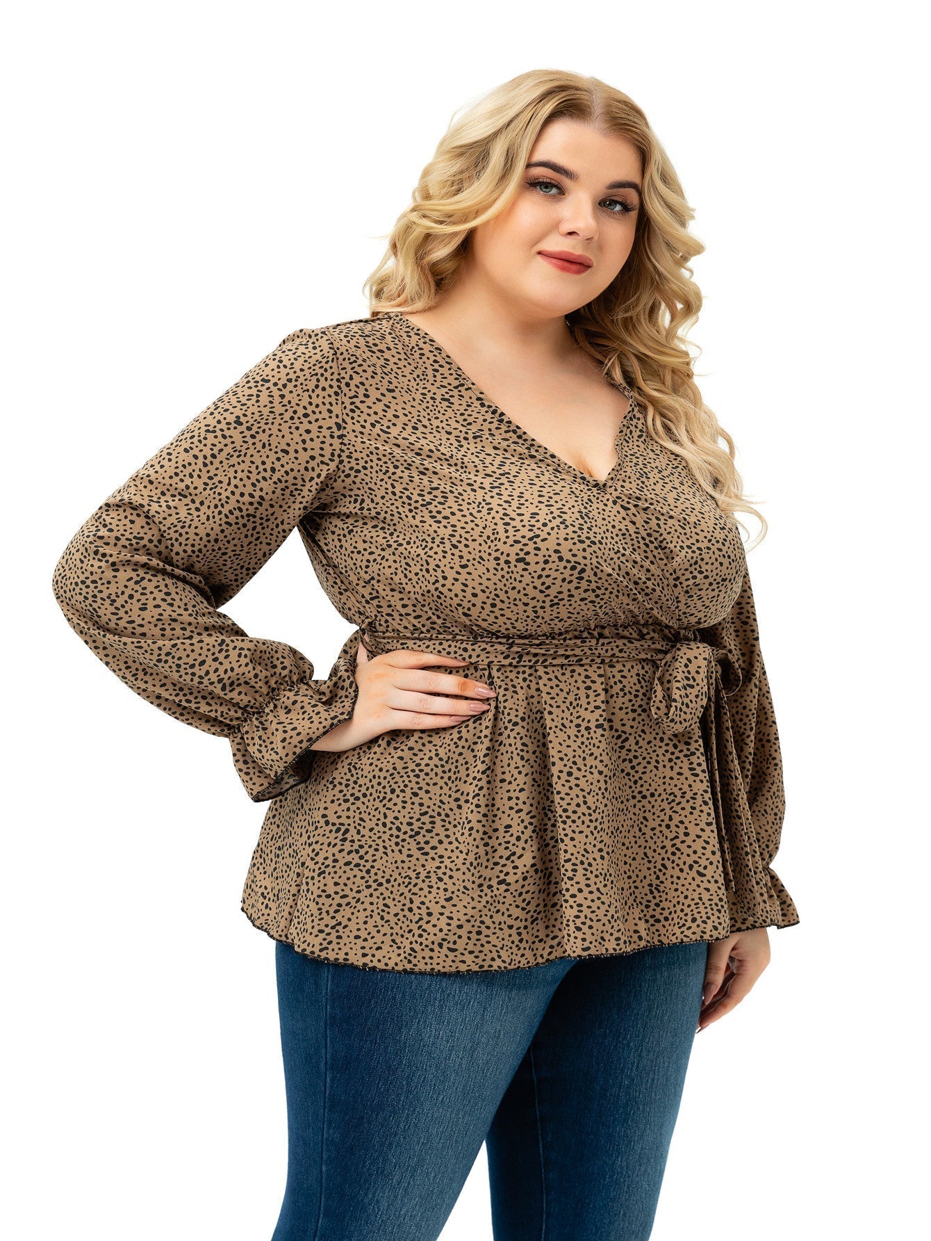fermon - Long Sleeve V Neck Dots with Belt Plus Size Blouse Top