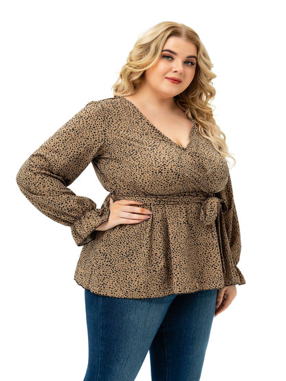 fermon - Long Sleeve V Neck Dots with Belt Plus Size Blouse Top
