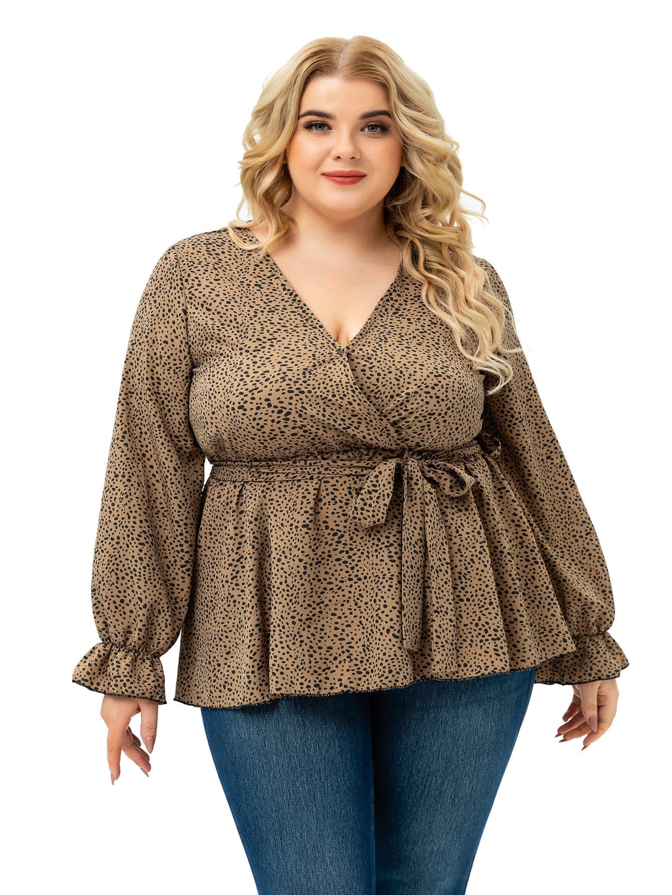 fermon - Long Sleeve V Neck Dots with Belt Plus Size Blouse Top