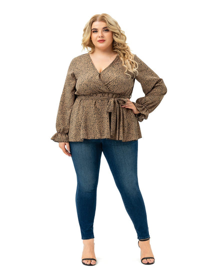 fermon - Long Sleeve V Neck Dots with Belt Plus Size Blouse Top
