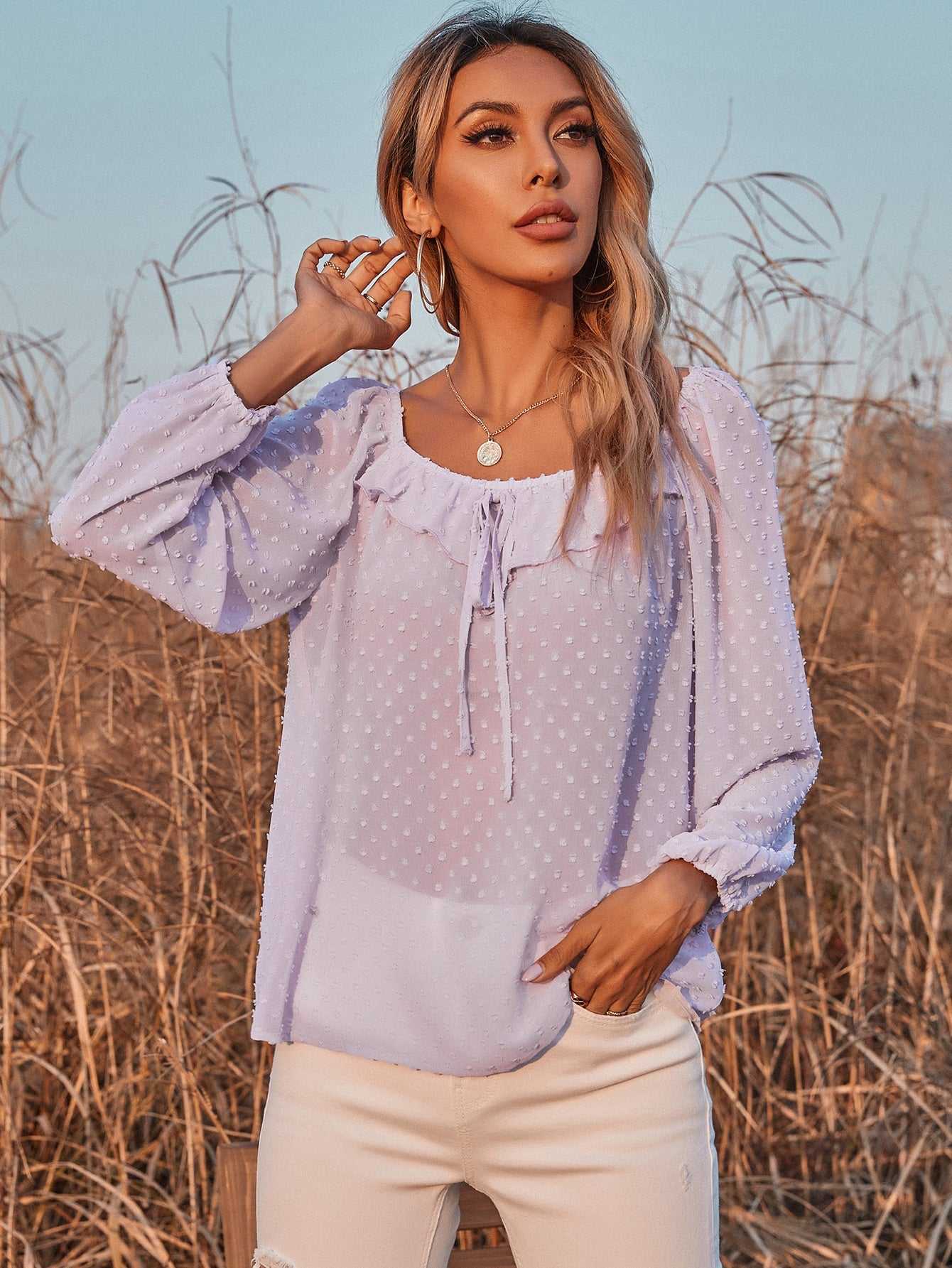 fermon - Long-sleeved Square-neck Girly Fairy Style Blouse