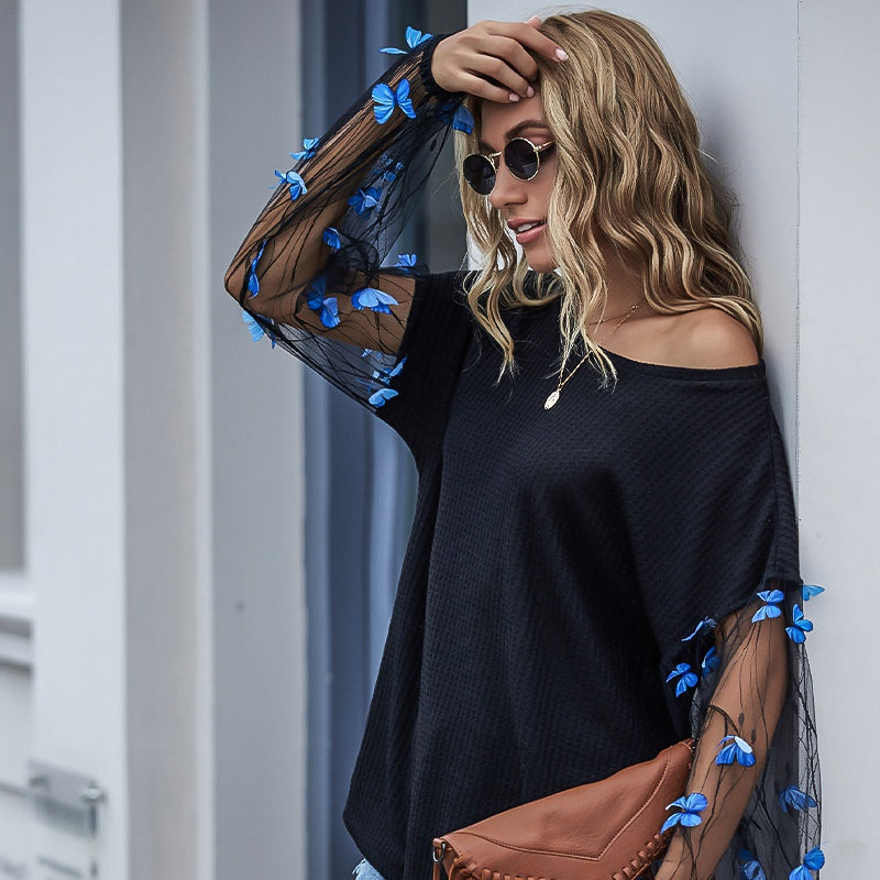 fermon - Net Yarn Lantern Sleeve Loose New Sweater