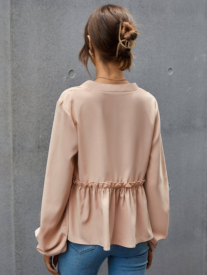 fermon - Notched Neck Lettuce Trim Blouse