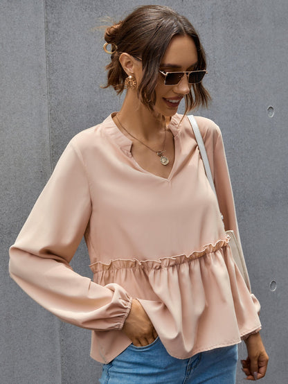 fermon - Notched Neck Lettuce Trim Blouse