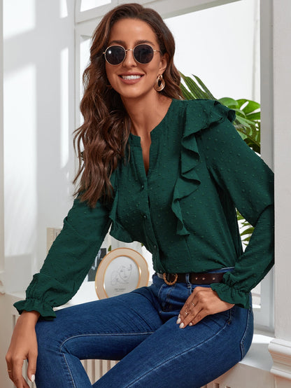 fermon - Notched Neck Ruffle Hem Blouse