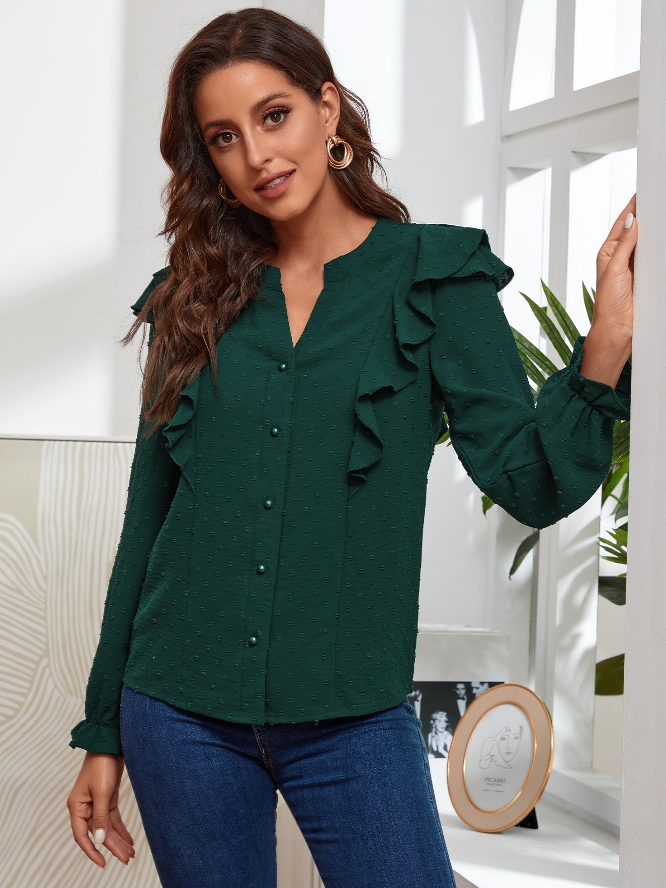 fermon - Notched Neck Ruffle Hem Blouse