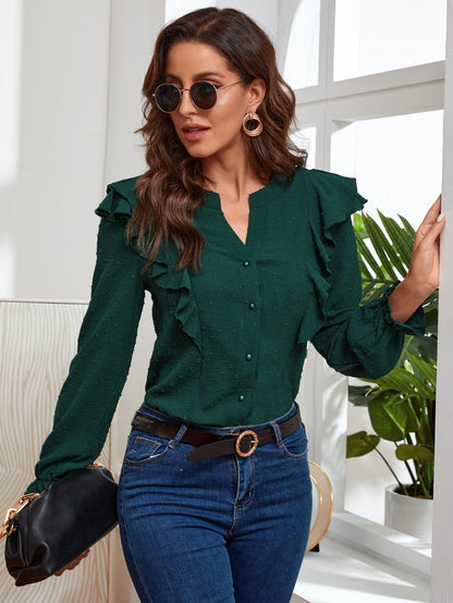 fermon - Notched Neck Ruffle Hem Blouse