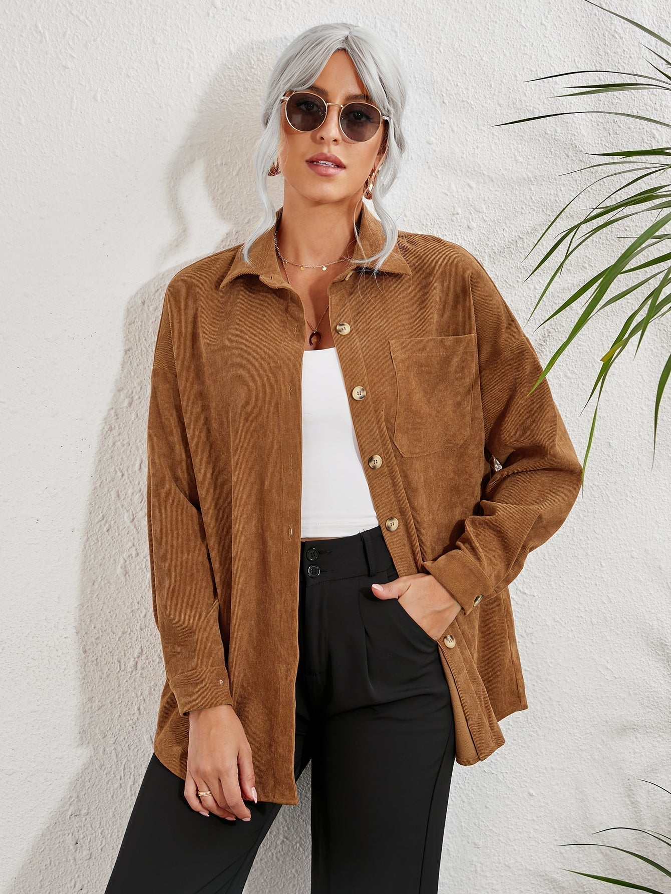 fermon - Patched Pocket Drop Shoulder Corduroy Blouse