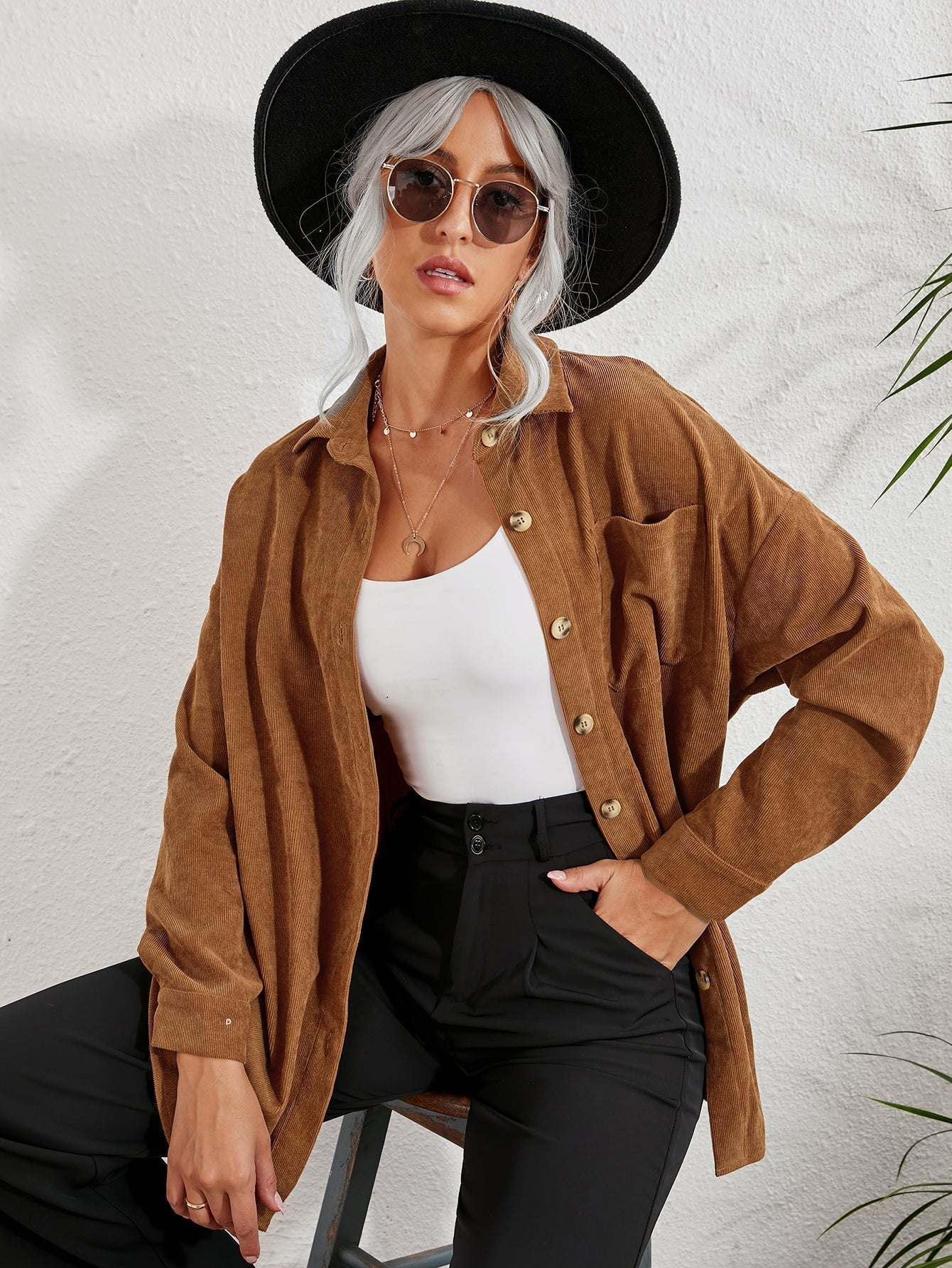 fermon - Patched Pocket Drop Shoulder Corduroy Blouse