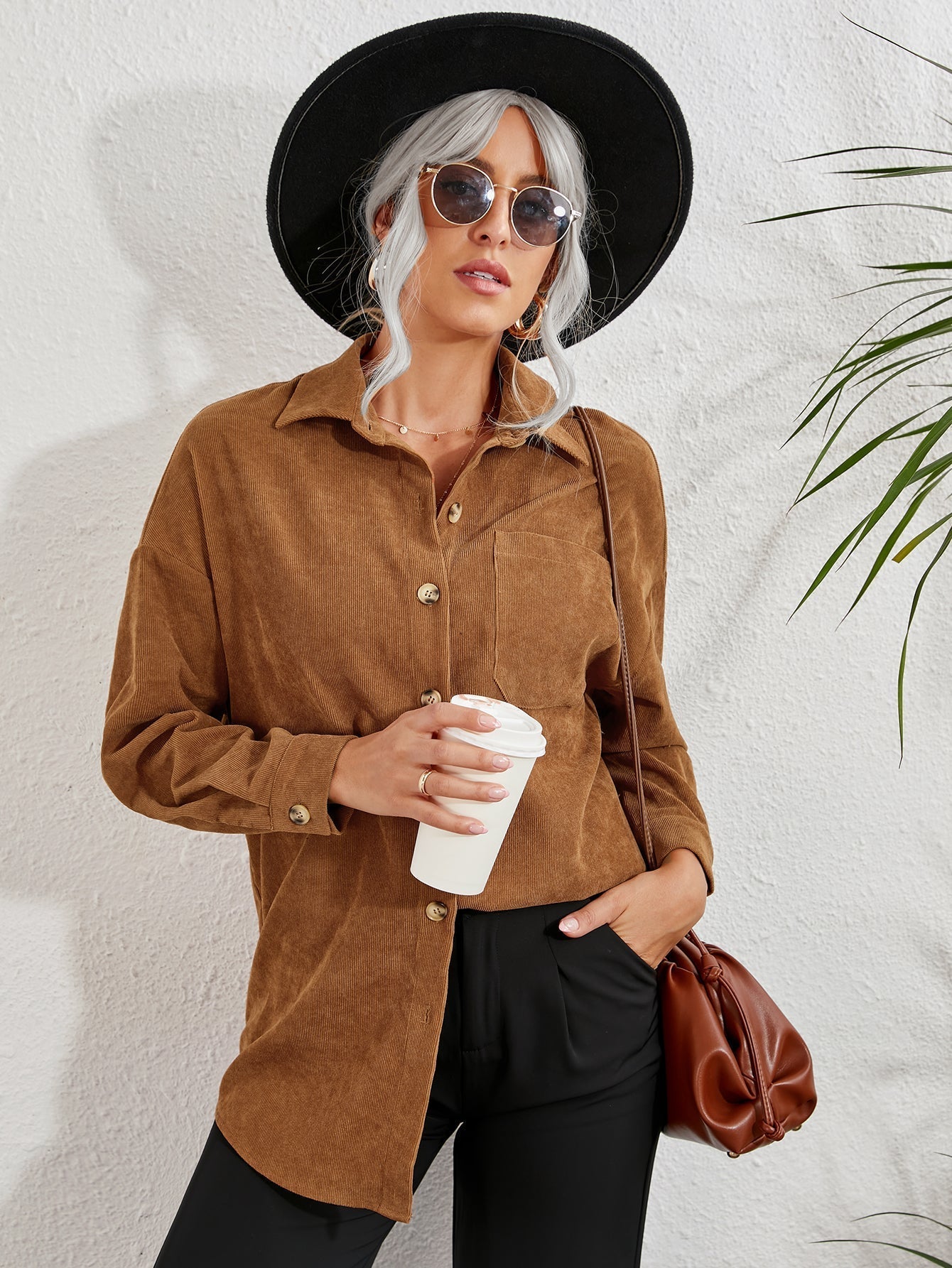 fermon - Patched Pocket Drop Shoulder Corduroy Blouse