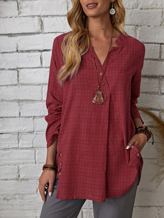 fermon - Plaid Notch Neck Blouse