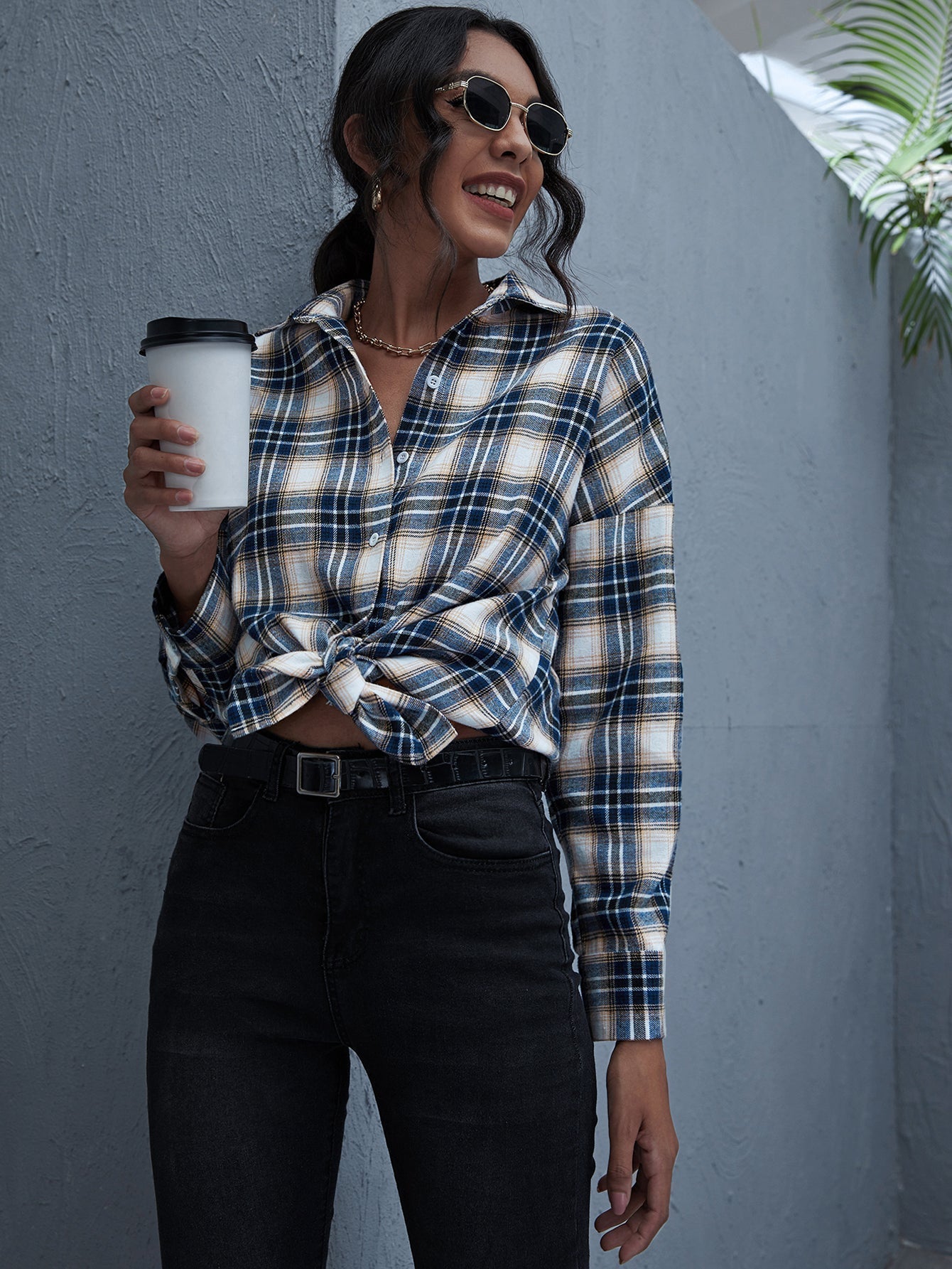 fermon - Plaid Print Drop Shoulder Blouse