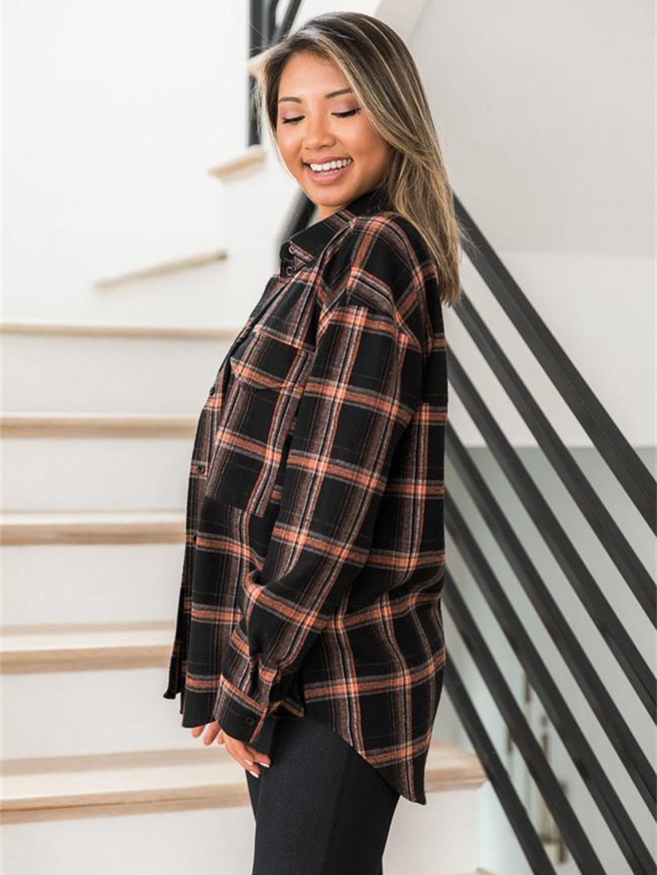 fermon - Plaid Print Drop Shoulder Blouse
