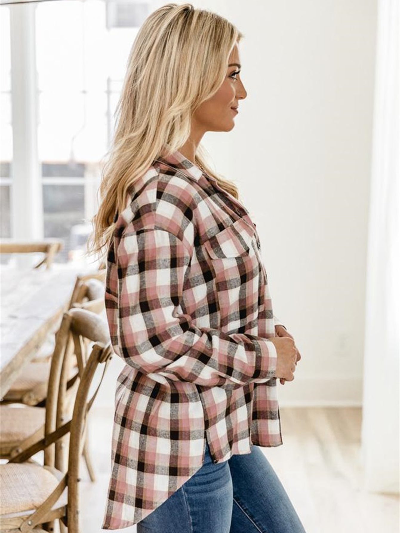 fermon - Plaid Print Drop Shoulder Blouse