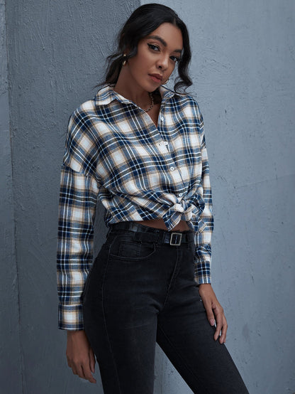 fermon - Plaid Print Drop Shoulder Blouse
