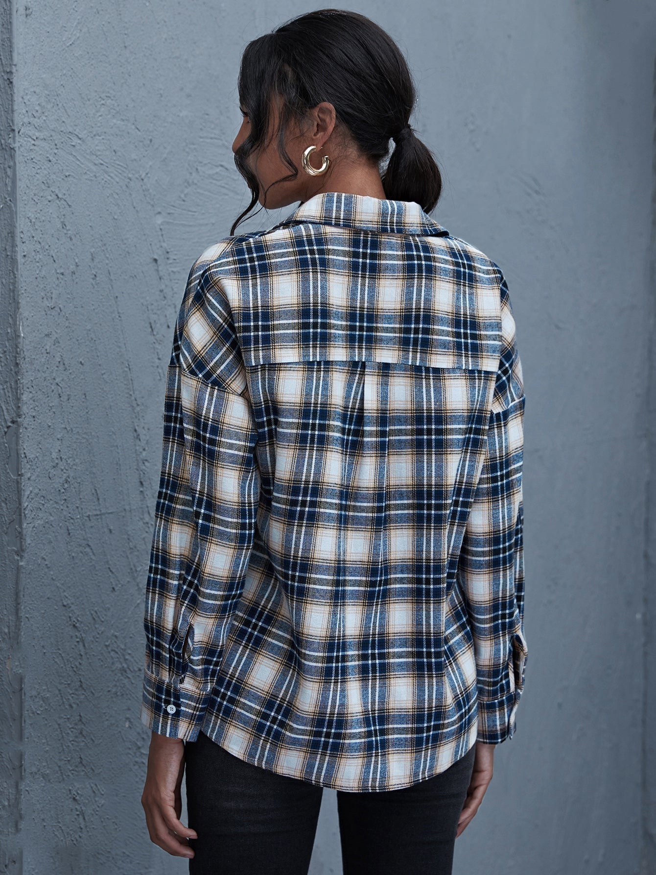 fermon - Plaid Print Drop Shoulder Blouse