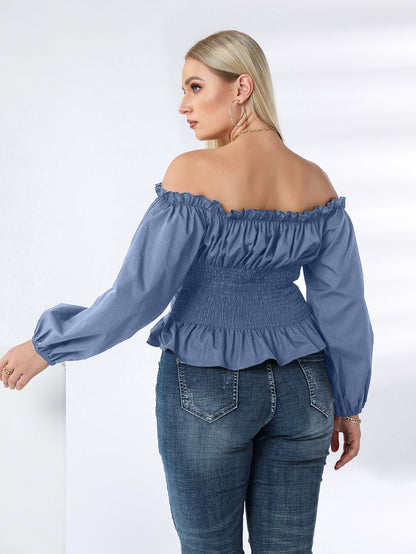 fermon - Plus Off Shoulder Lace Up Ruffle Hem Peplum Blouse