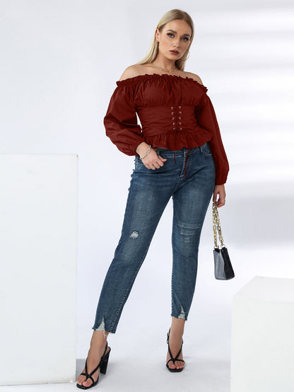 fermon - Plus Off Shoulder Lace Up Ruffle Hem Peplum Blouse
