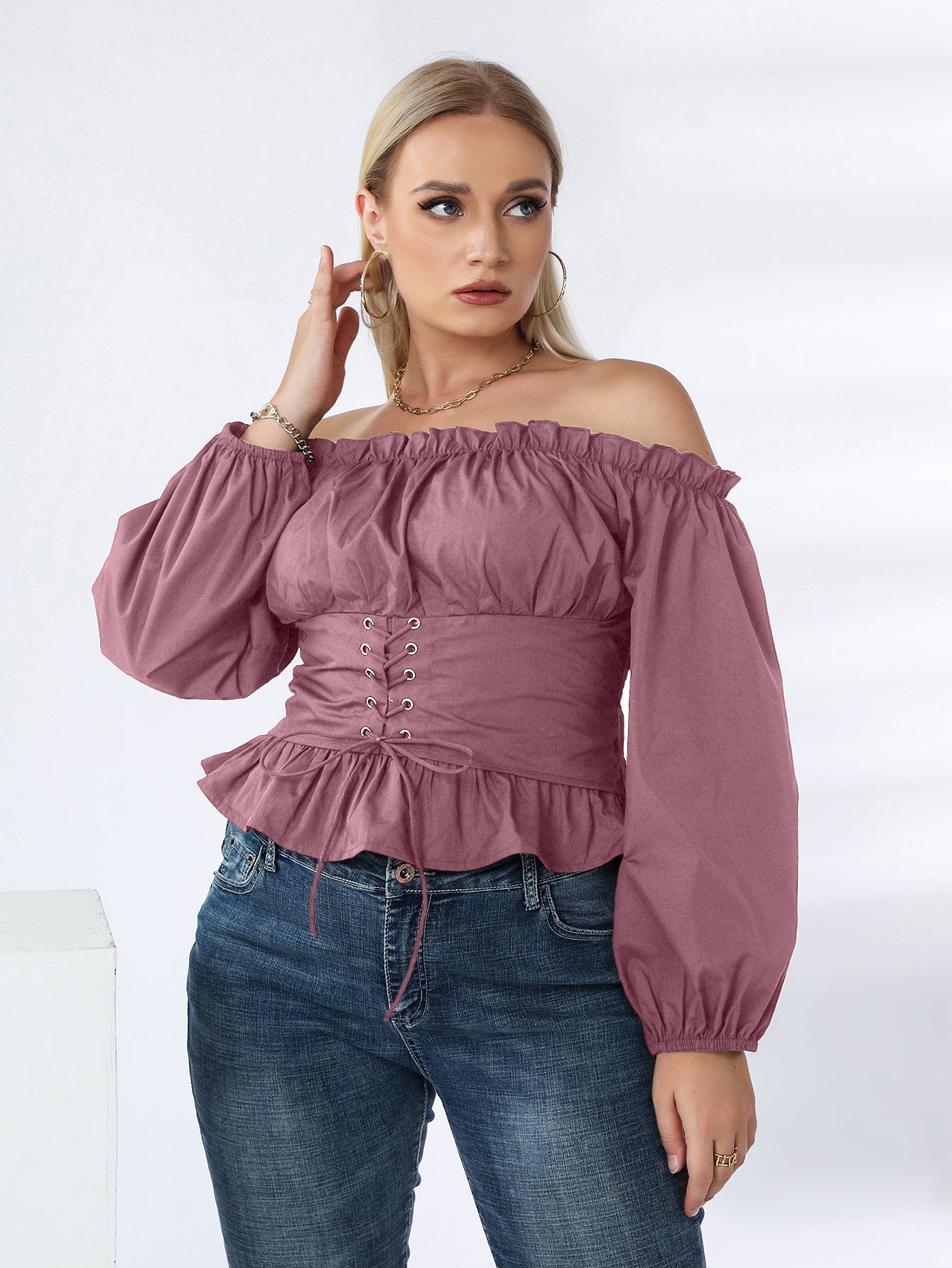 fermon - Plus Off Shoulder Lace Up Ruffle Hem Peplum Blouse