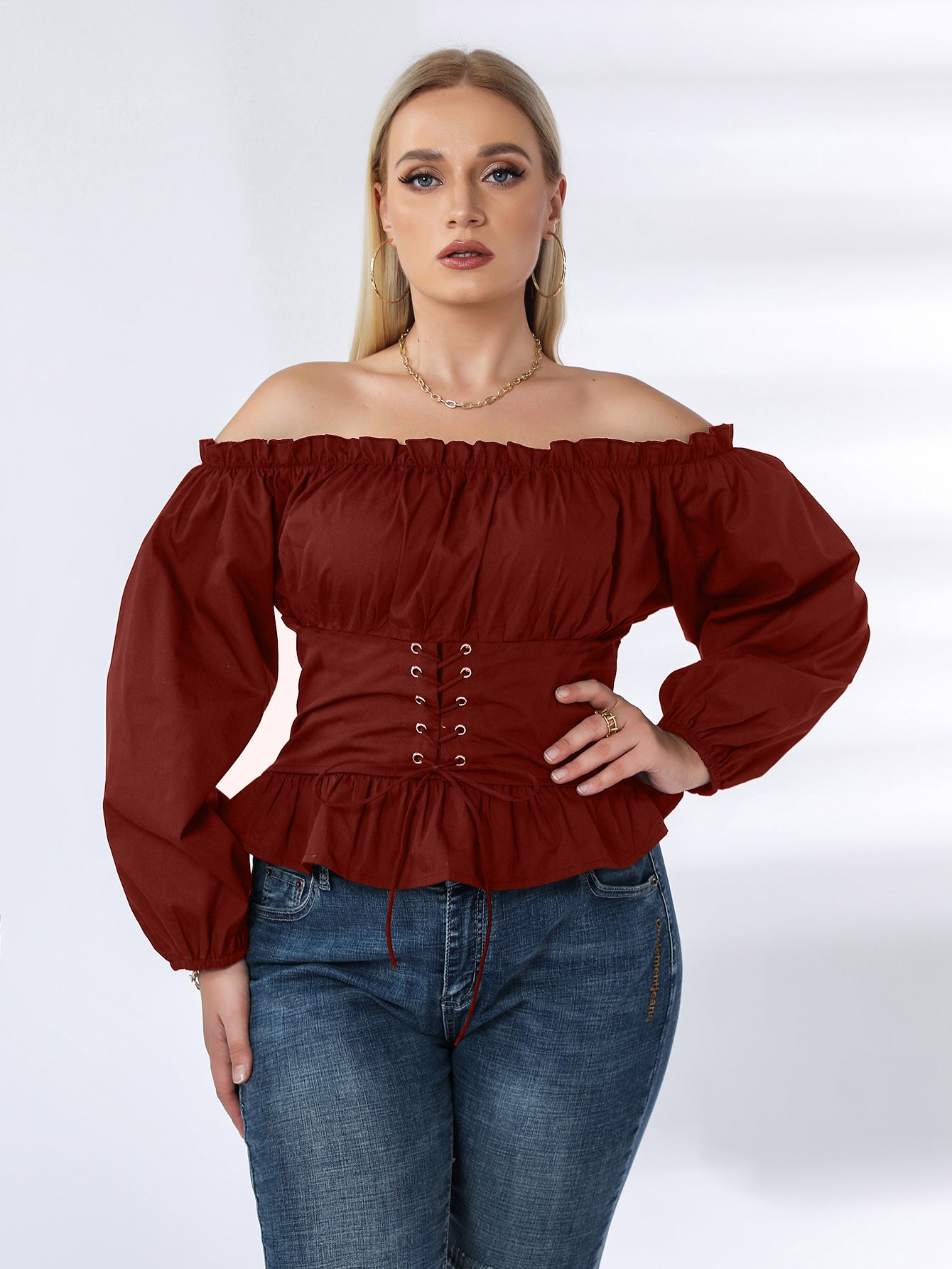 fermon - Plus Off Shoulder Lace Up Ruffle Hem Peplum Blouse