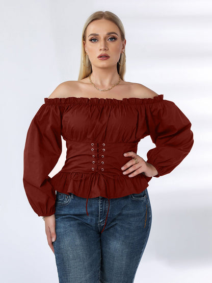 fermon - Plus Off Shoulder Lace Up Ruffle Hem Peplum Blouse