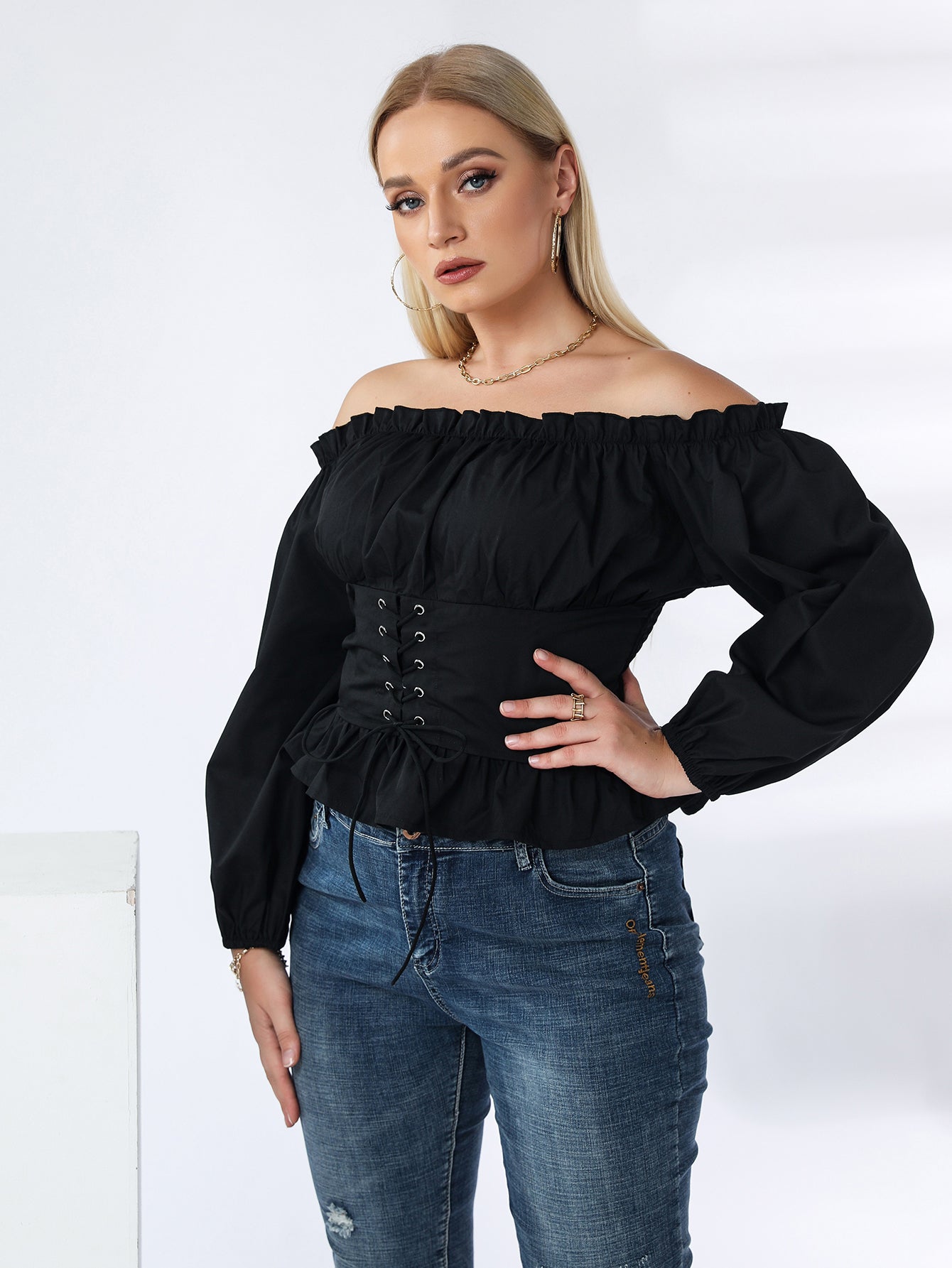 fermon - Plus Off Shoulder Lace Up Ruffle Hem Peplum Blouse