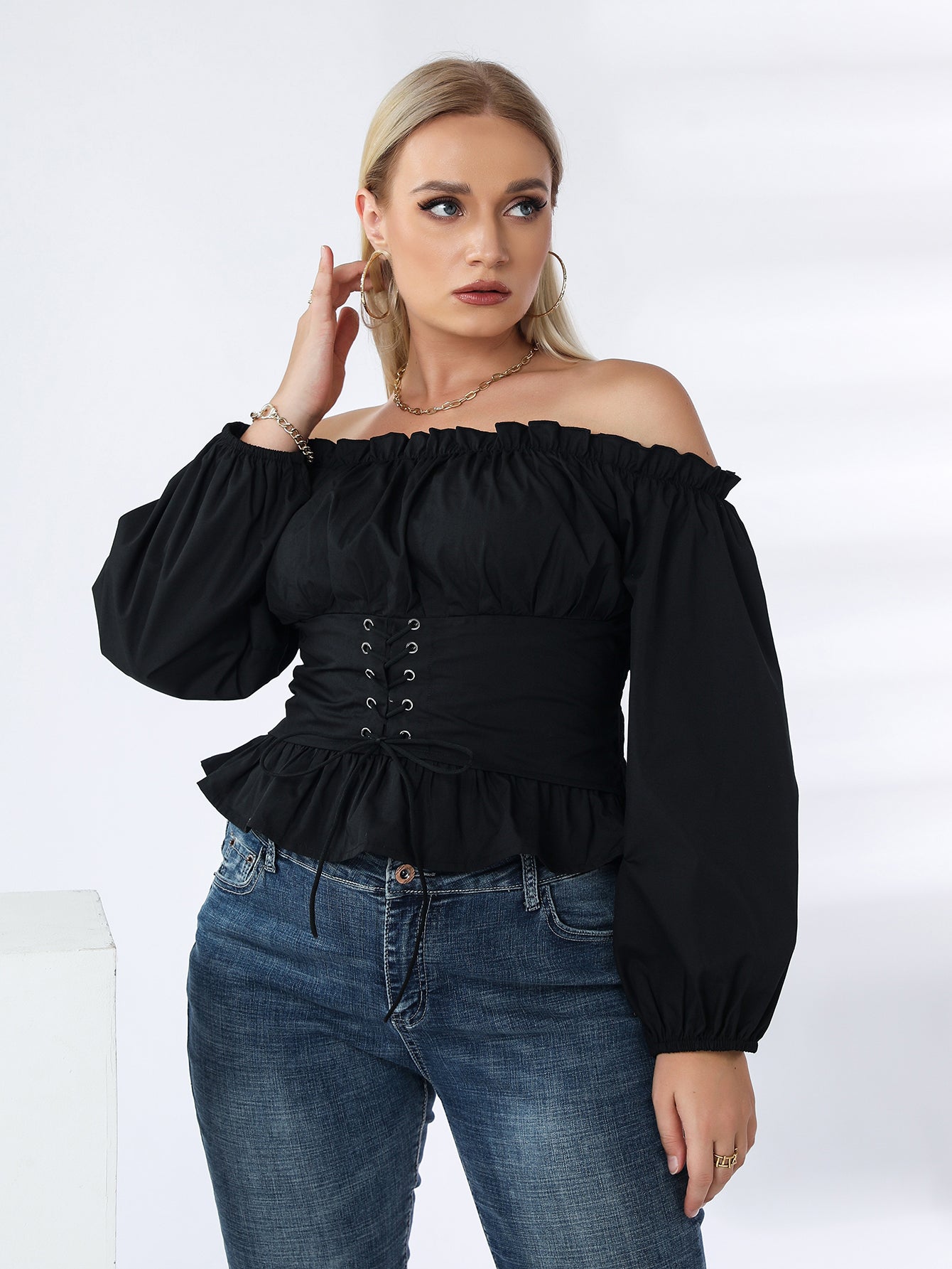 fermon - Plus Off Shoulder Lace Up Ruffle Hem Peplum Blouse