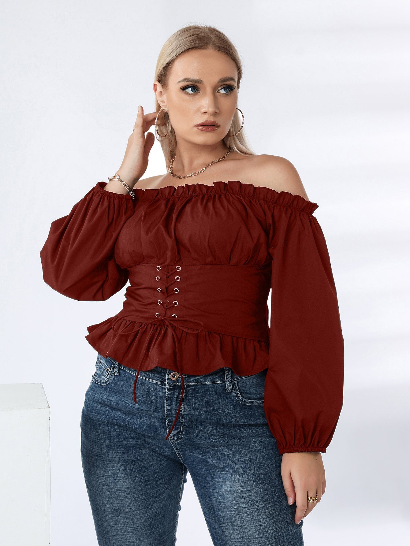 fermon - Plus Off Shoulder Lace Up Ruffle Hem Peplum Blouse