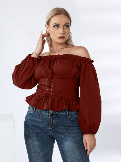 fermon - Plus Off Shoulder Lace Up Ruffle Hem Peplum Blouse