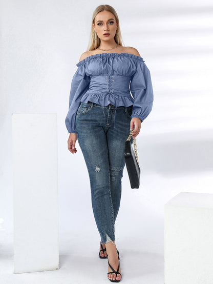 fermon - Plus Off Shoulder Lace Up Ruffle Hem Peplum Blouse