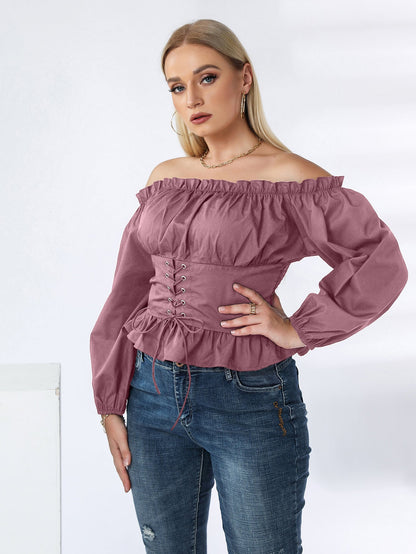 fermon - Plus Off Shoulder Lace Up Ruffle Hem Peplum Blouse