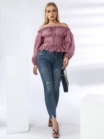 fermon - Plus Off Shoulder Lace Up Ruffle Hem Peplum Blouse
