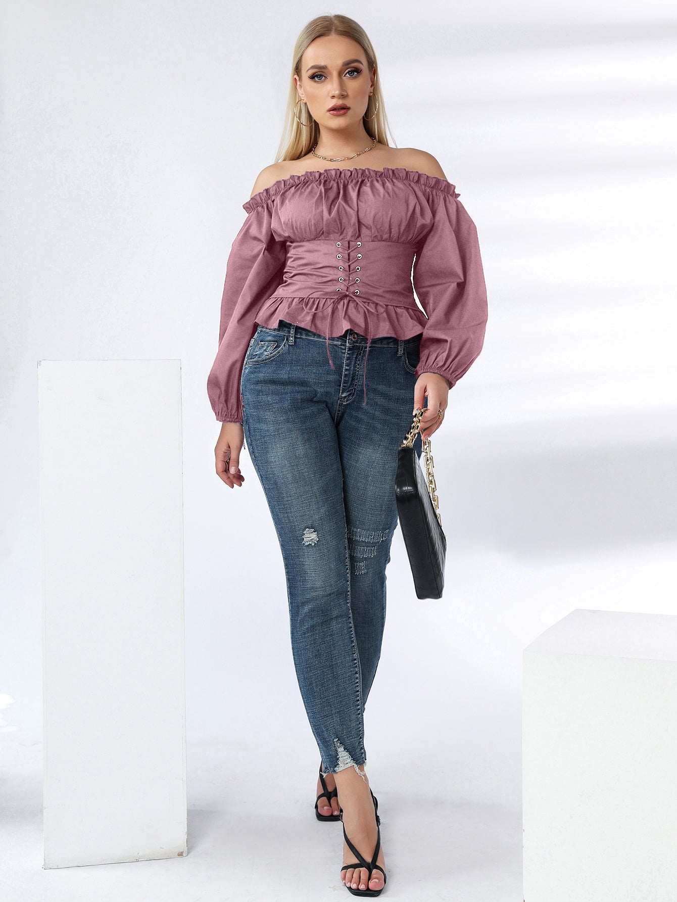 fermon - Plus Off Shoulder Lace Up Ruffle Hem Peplum Blouse