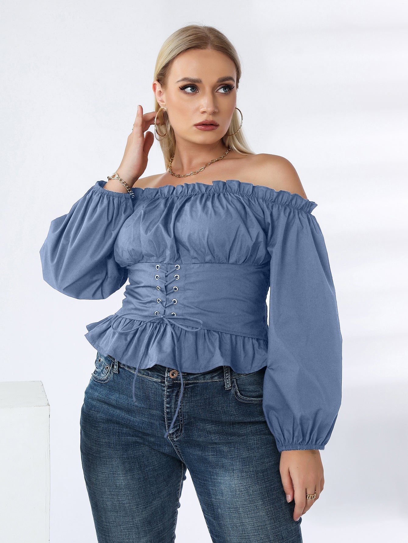 fermon - Plus Off Shoulder Lace Up Ruffle Hem Peplum Blouse