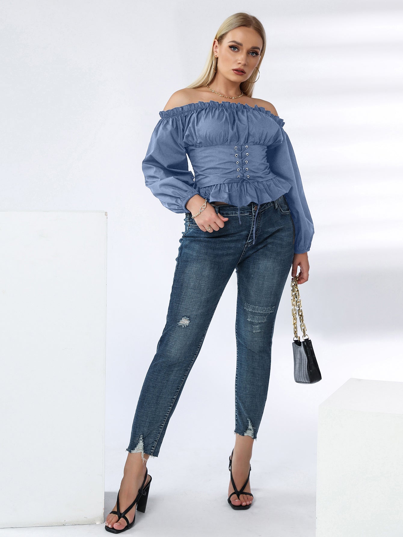 fermon - Plus Off Shoulder Lace Up Ruffle Hem Peplum Blouse