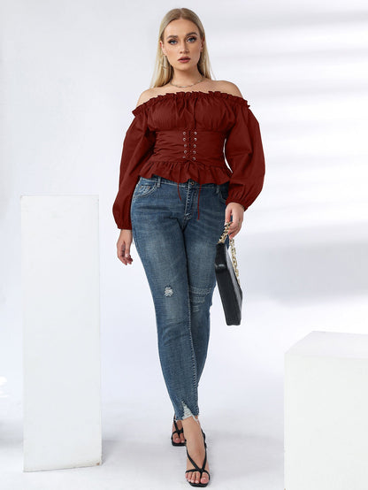 fermon - Plus Off Shoulder Lace Up Ruffle Hem Peplum Blouse