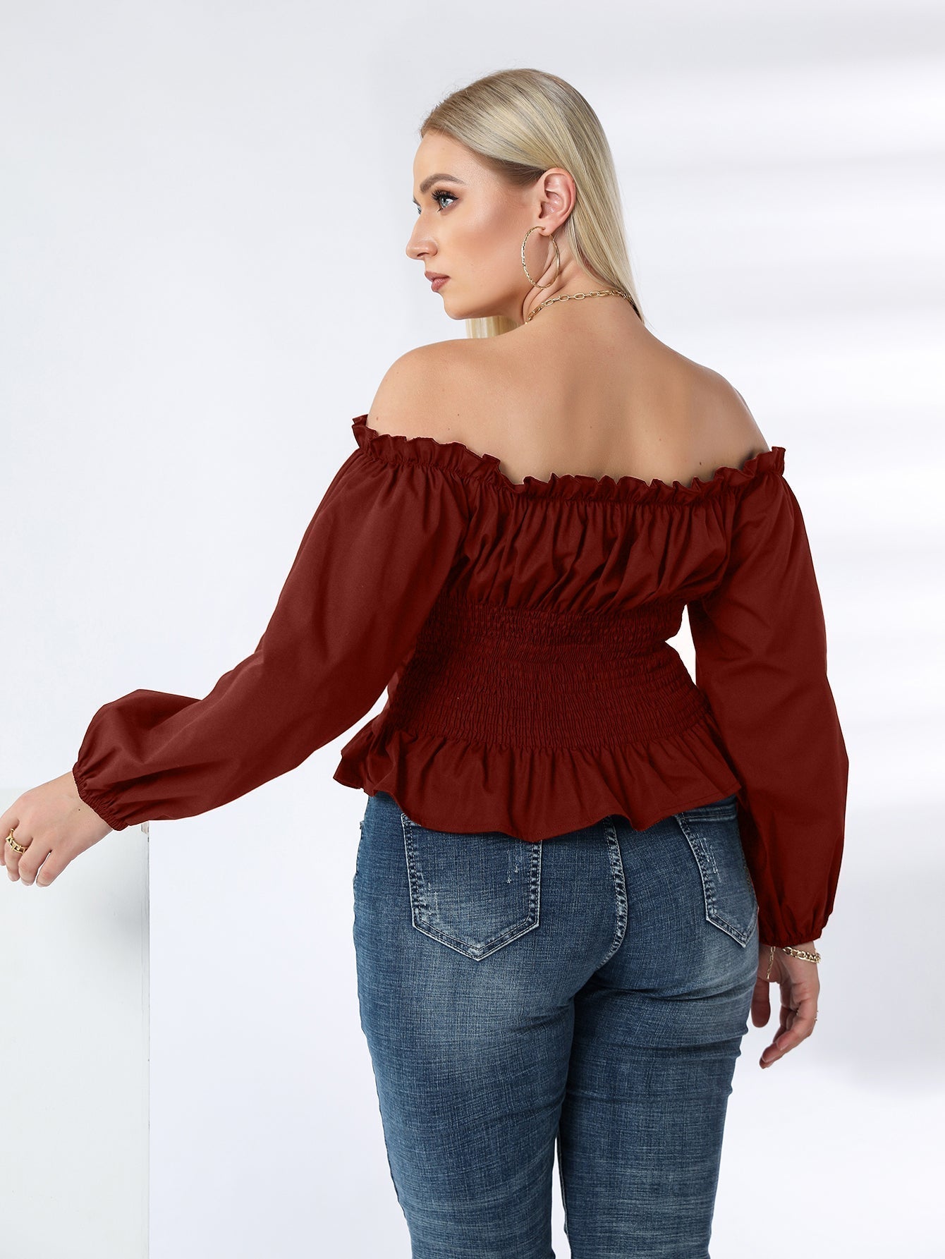 fermon - Plus Off Shoulder Lace Up Ruffle Hem Peplum Blouse