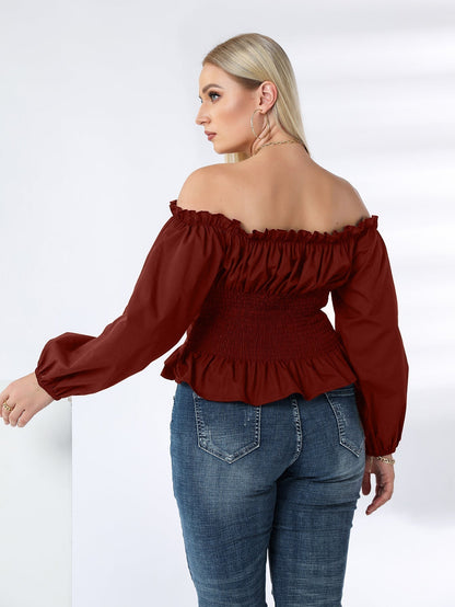 fermon - Plus Off Shoulder Lace Up Ruffle Hem Peplum Blouse