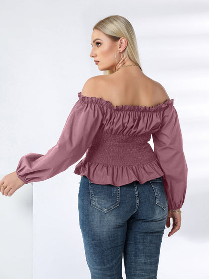 fermon - Plus Off Shoulder Lace Up Ruffle Hem Peplum Blouse